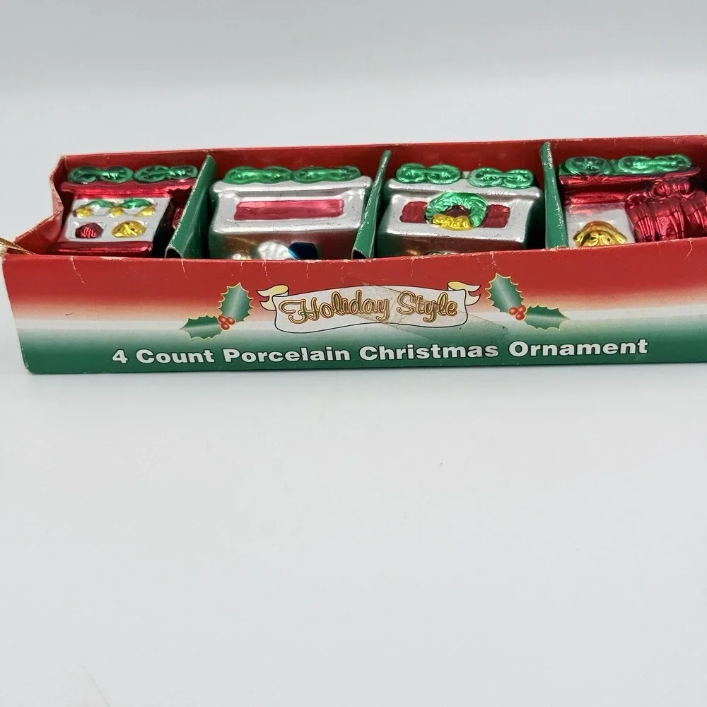 VTG Christmas Train Porcelain Ornament Set 4 Boxed Holiday Style Kitsch‎ Heavy